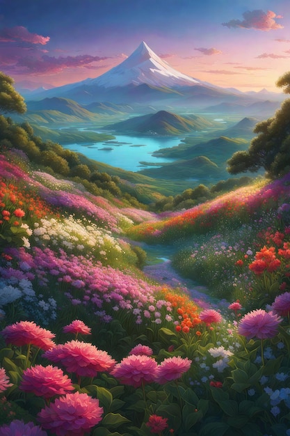 Paesaggio estivo luminoso con illustrazione della valle magica del fiume ai generato