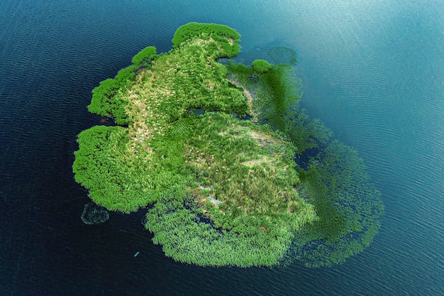 Paesaggio estivo rurale con il fiume Dnipro e una piccola isola verde come il nuovo continente, sfondo astratto naturale, vista aerea