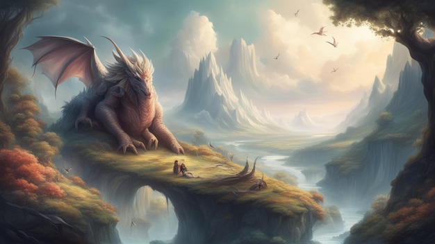 Paesaggio fantastico abitato da creature mitiche come i draghi.