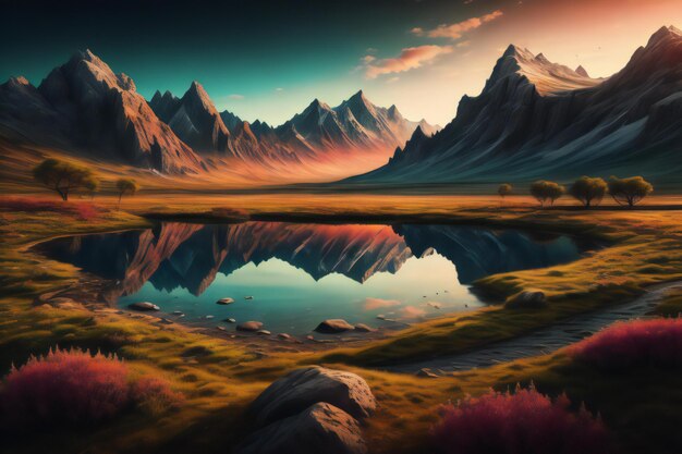 Paesaggio fantastico con montagne e lago Pittura digitale generativa ai