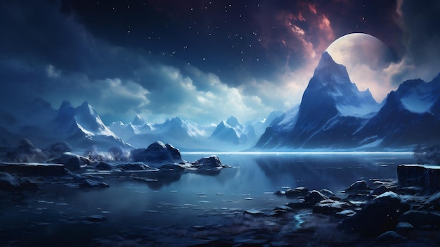 Paesaggio fantastico con montagne, lago e luna