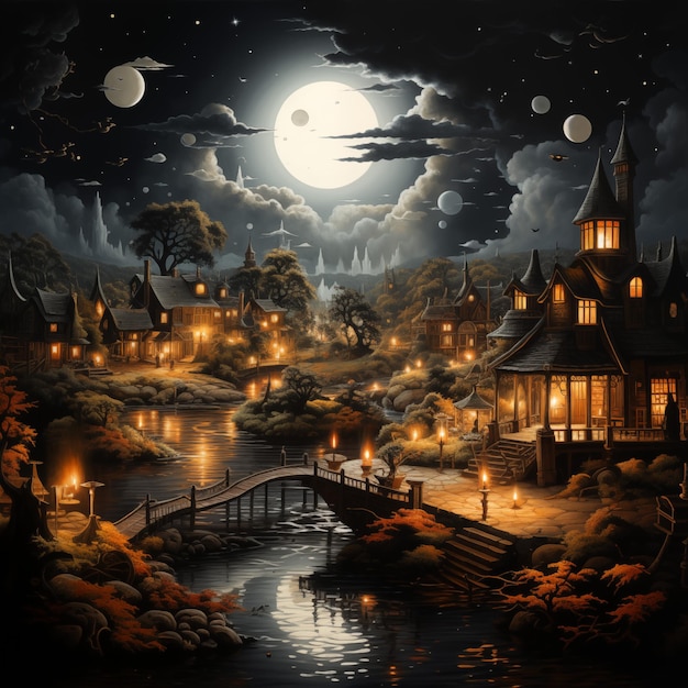 Paesaggio fantastico con ponte cittadino e luna Illustrazione digitale