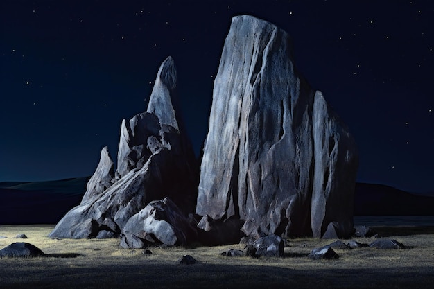 Paesaggio fantastico con rocce giganti di notte