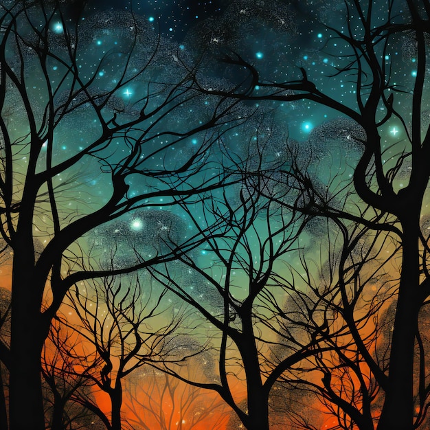 Paesaggio fantastico con silhouette di alberi e stelle nel cielo notturno