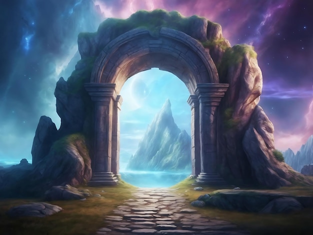 Paesaggio fantastico con un arco a portale L'antica porta magica in pietra mostra la realtà di un'altra dimensione