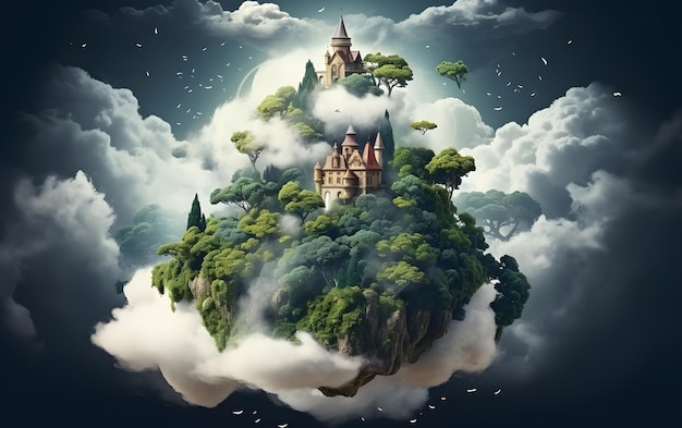 Paesaggio fantastico con un castello sulle nuvole sullo sfondo