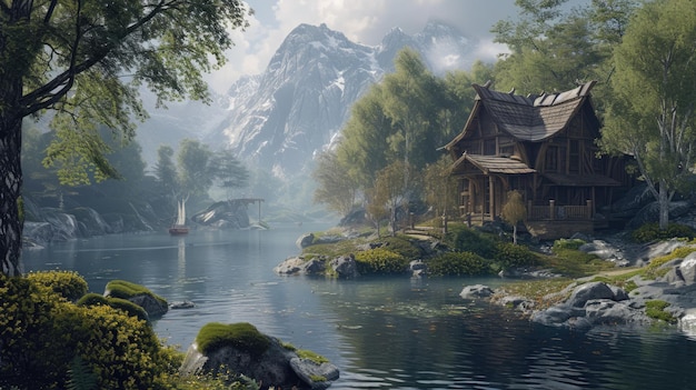 Paesaggio fantastico con una casa di legno sul lago in montagna