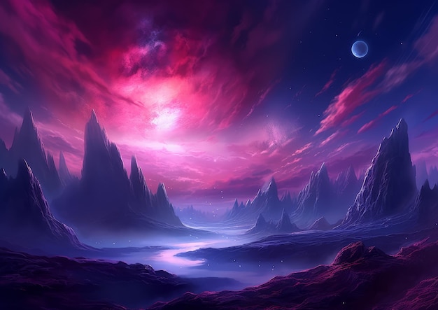 Paesaggio fantastico con una montagna maestosa cielo rosa luna e fiume