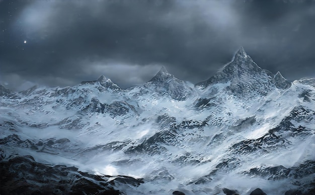 Paesaggio fantastico delle montagne invernali le cime ei pendii delle montagne sono ricoperte di neve e ghiaccio Magica valle di montagna in inverno