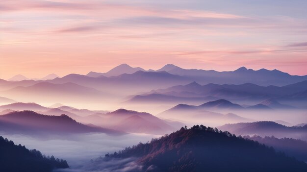 Paesaggio fantastico di montagna viola con nebbia e nuvole