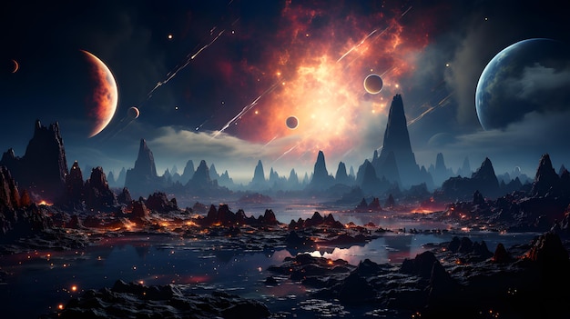 Paesaggio fantastico di un pianeta infuocato nella notte IA generativa