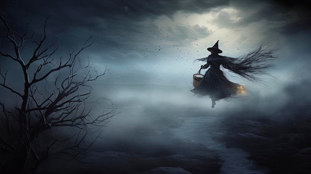 Paesaggio fantastico notturno oscuro una strega vola su una scopa nella nebbia Generazione AI