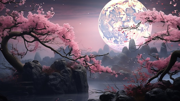 Paesaggio fantastico rosa neon luna sakura rami spazio sfondo con albero in stile giapponese