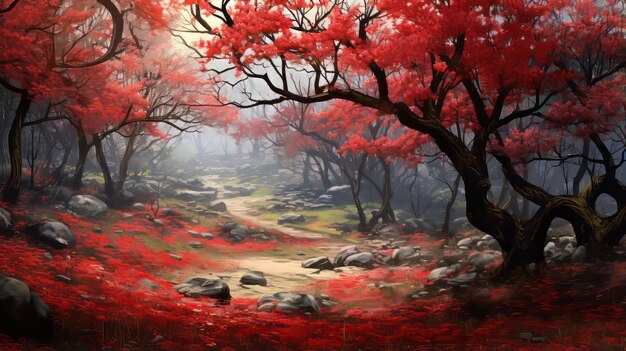 Paesaggio fantastico vibrante Foresta rossa con Crabapple