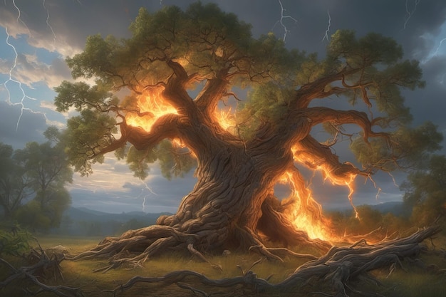 paesaggio fantasy albero fantasy nel mezzo di una foresta nebbiosa con alberi colorati illustrazione 3 d