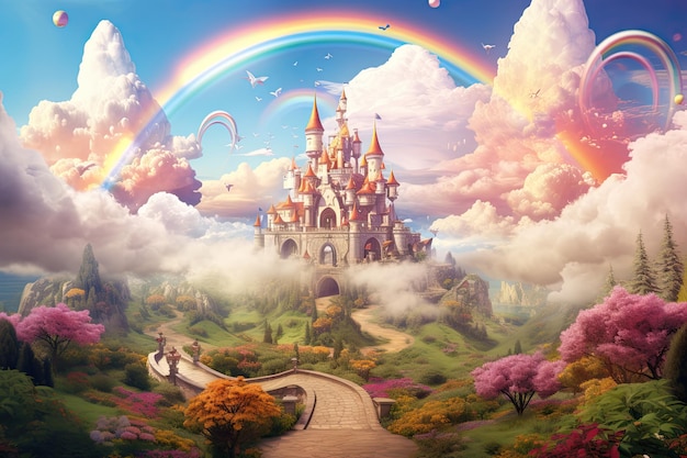 Paesaggio fantasy con castelli fantasy e arcobaleno illustrazione 3D AI Generato