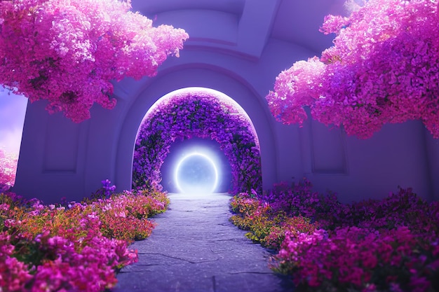 Paesaggio fantasy con fiori e archi luce solare Portale magico in un altro mondo