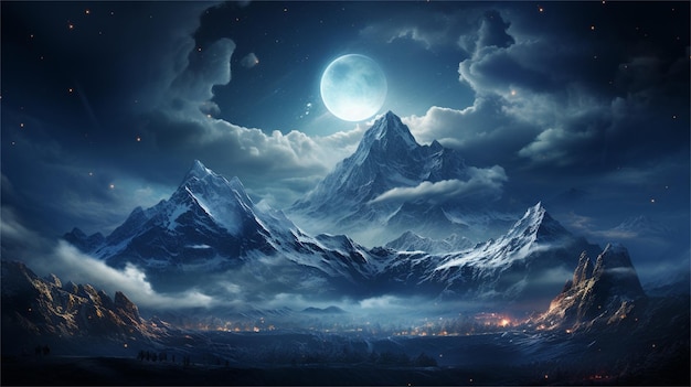 Paesaggio fantasy con montagne e luna Illustrazione vettoriale per il tuo design