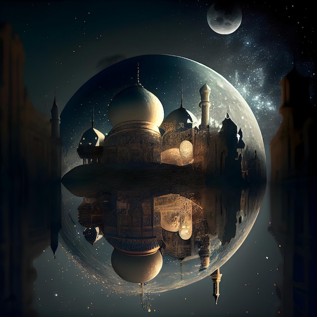 Paesaggio fantasy con moschea e luna nel rendering 3D del cielo