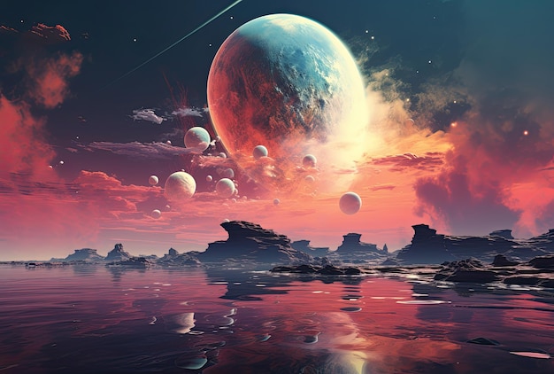 Paesaggio fantasy con pianeta alieno e lago Illustrazione di cartoni animati vettoriale
