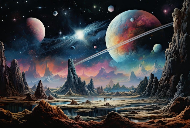 Paesaggio fantasy con pianeti e stelle nell'illustrazione spaziale 3d