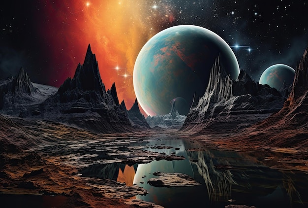 Paesaggio fantasy con pianeti e stelle nell'illustrazione spaziale 3d