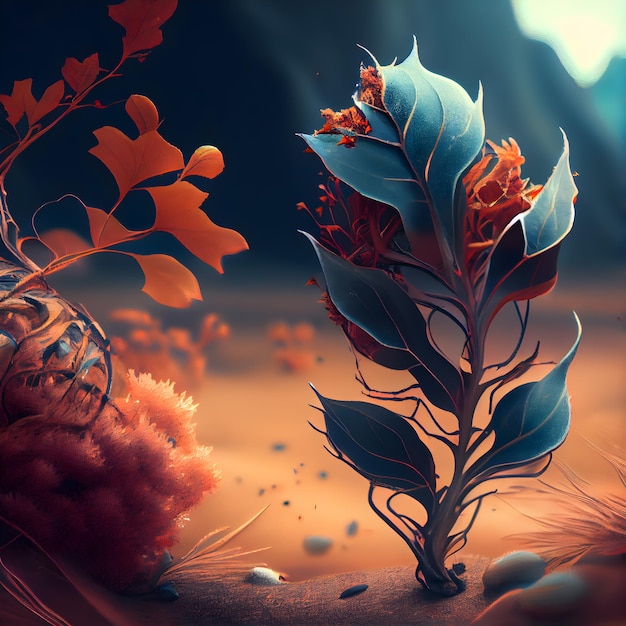 Paesaggio fantasy con piante e fiori fantasy illustrazione 3d
