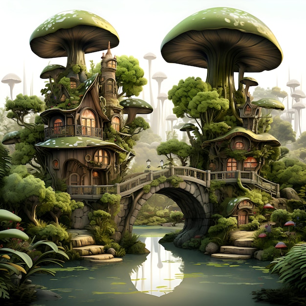 Paesaggio fantasy fantasy con case fantasy e stagno rendering 3d