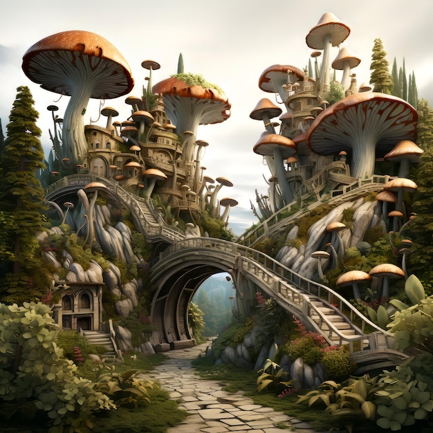 Paesaggio fantasy fantasy con funghi e ponte fantasy Pittura digitale