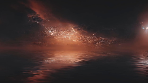 Paesaggio fantasy futuristico paesaggio scifi con pianeta luce al neon pianeta freddo scena naturale scura cubo luminoso spazio neon galassia portale spazio nebulosa polvere illustrazione 3d