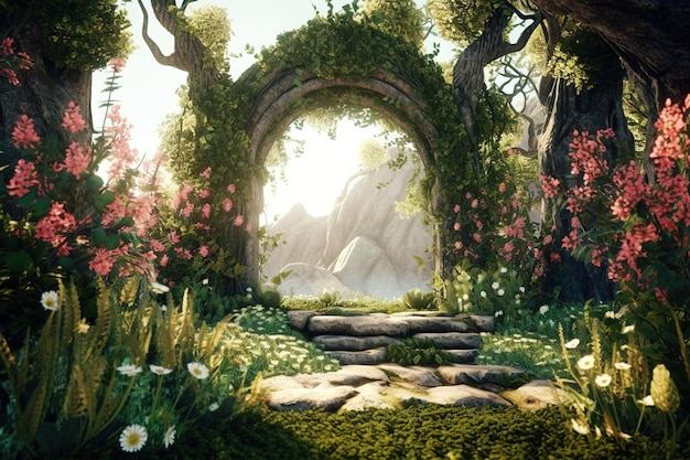 Paesaggio fantasy irreale con alberi e fiori Giardino dell'Eden fiaba esotica IA generativa