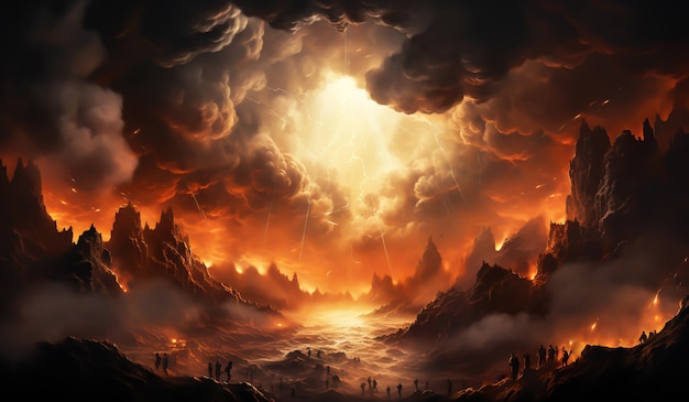 Paesaggio fantasy irreale con cielo nuvoloso al tramonto Generatore AI