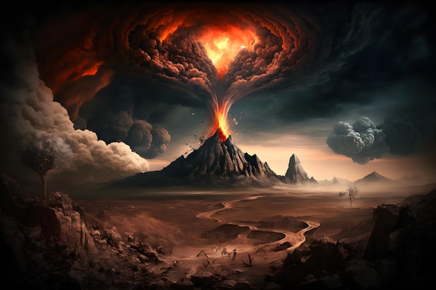 Paesaggio fantasy notturno con montagne astratte e isola sull'acqua vulcano esplosivo con luce al neon di lava in fiamme Arte generata dalla rete neurale