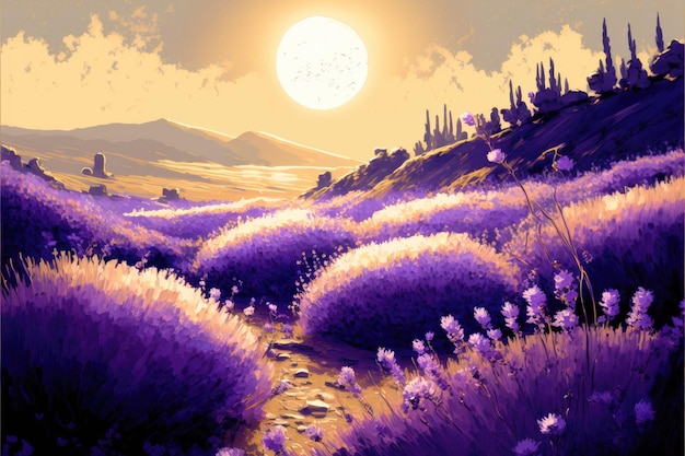 Paesaggio floreale al sole sul campo di lavanda