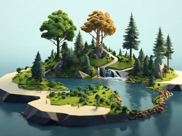 Paesaggio forestale 3D sul tumulo con fiume illustrazione di gioco renderizzata 3D Ai Immagine generata