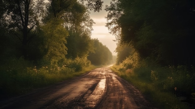 Paesaggio forestale con alberi nebbia strada silenzio atmosfera carta da parati offroad campagna mattina