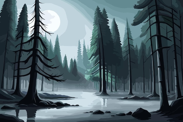 Paesaggio forestale con la luna piena del fiume e alberi di pino di notte vettore di sfondo natura scura