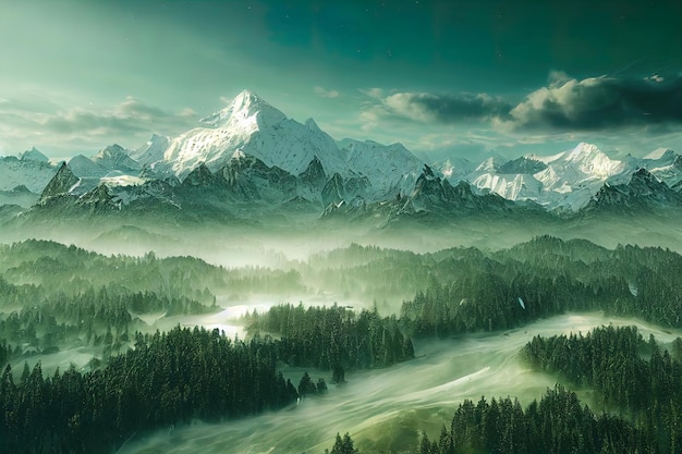 Paesaggio forestale con vista a volo d'uccello con cime di montagna sullo sfondo