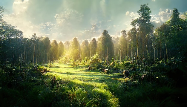 Paesaggio forestale estivo con raggi di sole erba verde e alberi