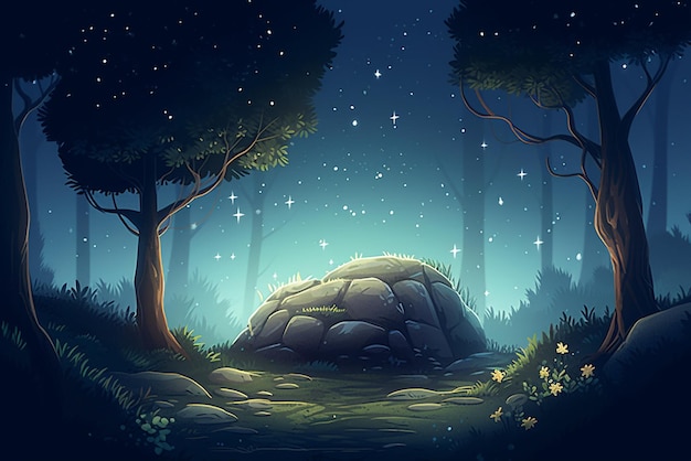 Paesaggio forestale fantasy con luce lunare e cielo stellato Illustrazione vettoriale