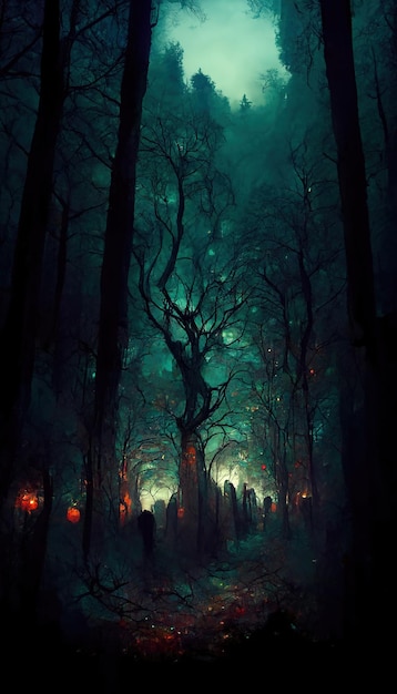 Paesaggio forestale infestato realistico di notte Illustrazione 3D dello sfondo della foresta di Halloween fantasy