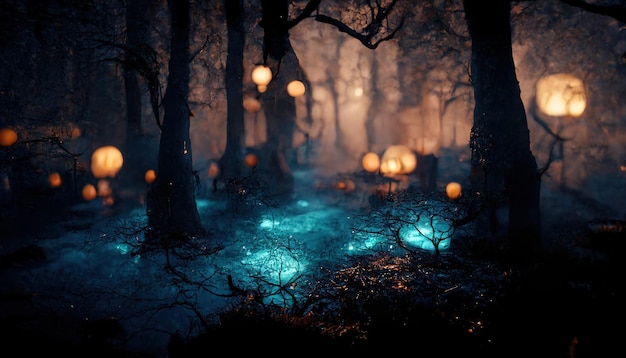 Paesaggio forestale infestato realistico di notte Illustrazione 3D dello sfondo della foresta di Halloween fantasy