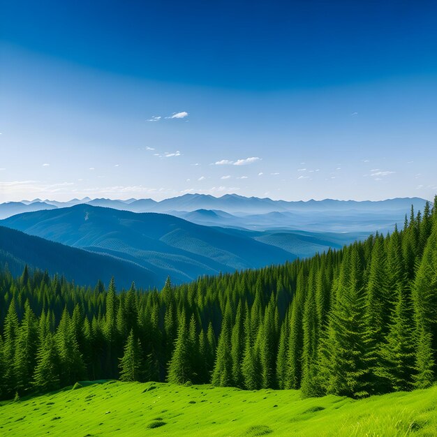 Paesaggio forestale tranquillo con cielo blu e pini