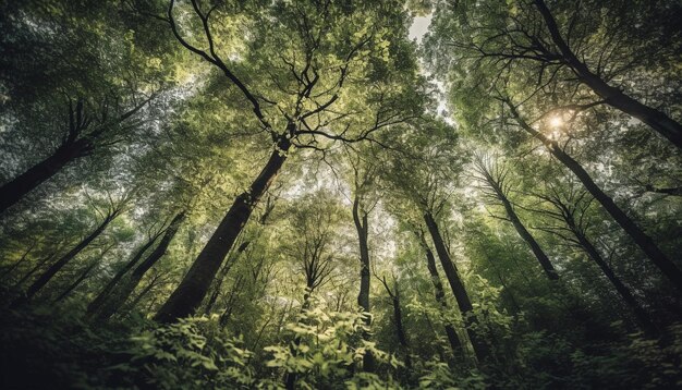 Paesaggio forestale tranquillo illuminato dalla luce solare vibrante e dalla crescita autunnale generata dall'IA