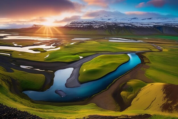 Paesaggio fotografico del tramonto sulla montagna di kirkjufell con la cascata di kirkjufellsfoss e il pileu colorato