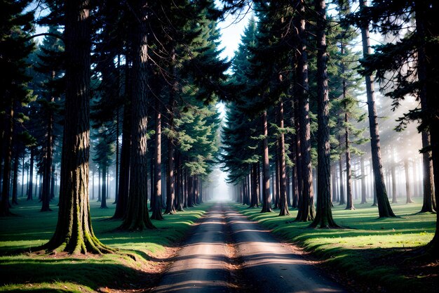 Paesaggio fotografico realistico del crepuscolo in una foresta di un parco cittadino con un mistero nebbioso