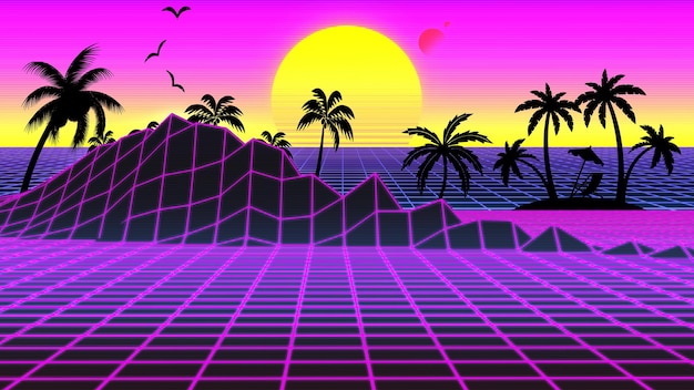 Paesaggio futuristico al neon in stile anni '80 retrò astratto RPG Gaming RPG sfondo montagne digitali