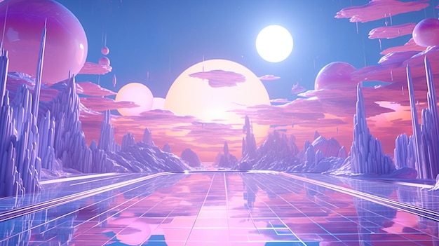 Paesaggio futuristico da sogno con edifici di cristallo rosa e viola Ai generati