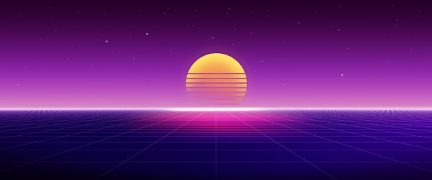 Paesaggio futuristico retrò anni '80 con tramonto e griglia, concetto astratto di fantascienza. rendering 3D.