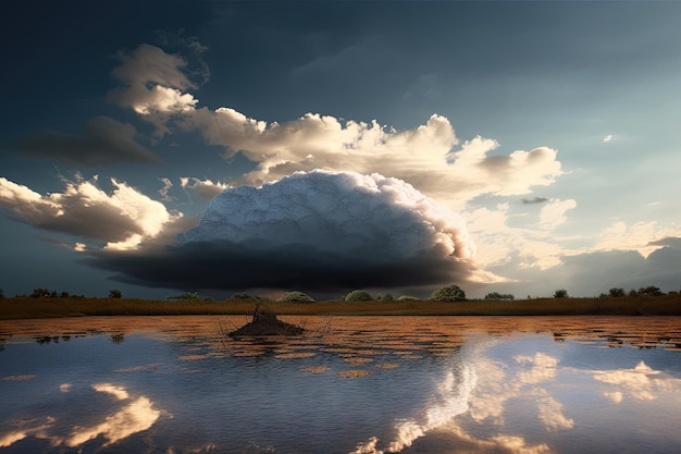 Paesaggio galleggiante con cielo surreale e alte nuvole di tempesta